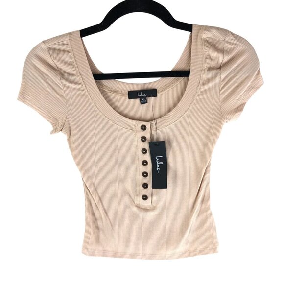 Lulus Henley Crop Top Button Front Ribbed Stretch Knit Beige L - Picture 1 of 4